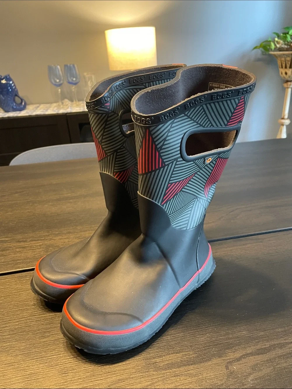 Bogs Black Rain Boots with Red Accents